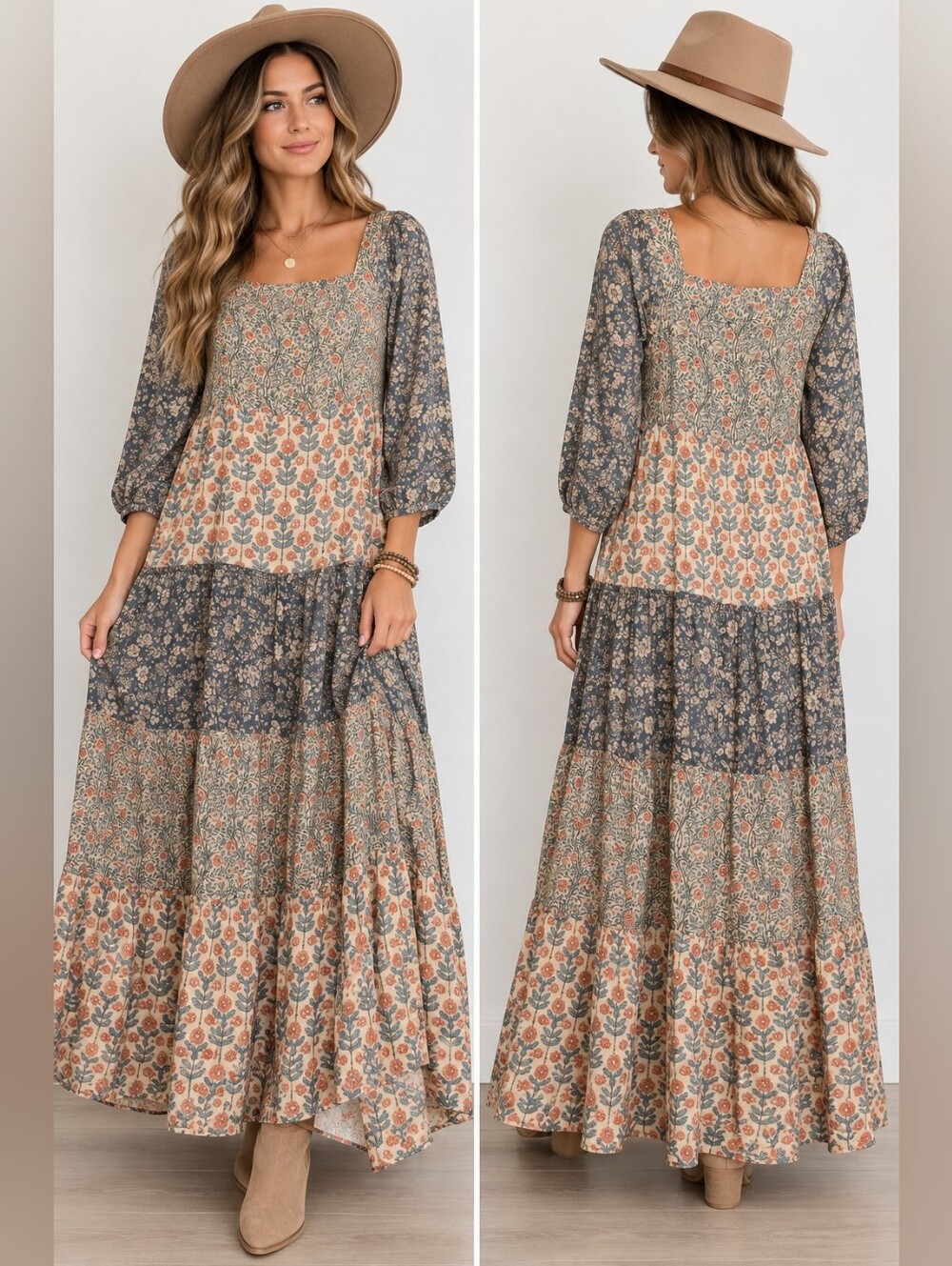Natural Life Floral Patchwork Tiered Maxi Dress Boho Rayon Size M